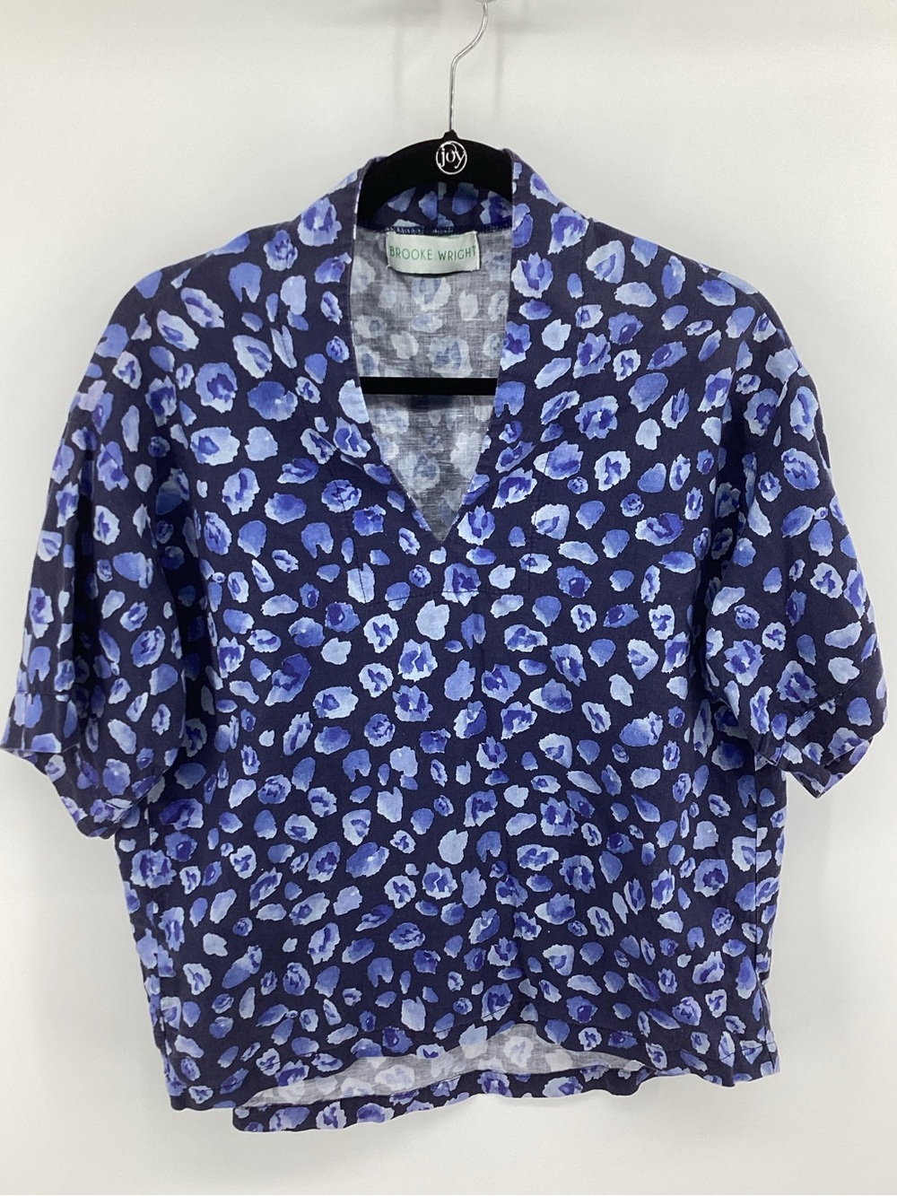 Brooke Wright Blue Leopard Print V-Neck Linen Blouse